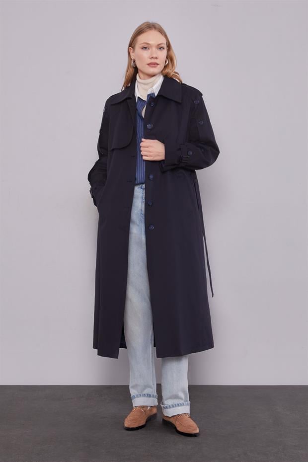 Lacivert Kol Düğme Detaylı Trençkot