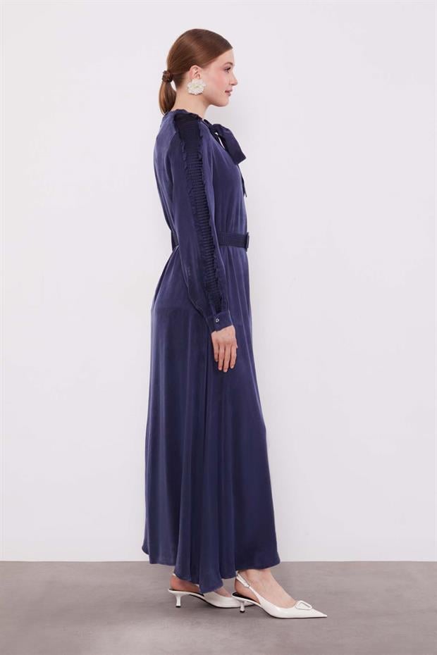 Lacivert Kol Güpürlü Cupra Elbise