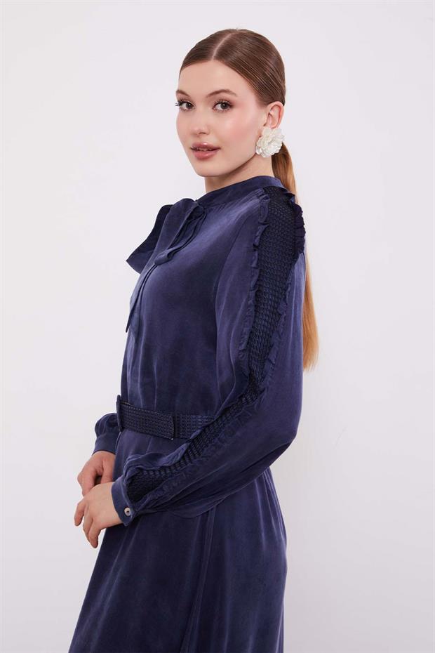 Lacivert Kol Güpürlü Cupra Elbise