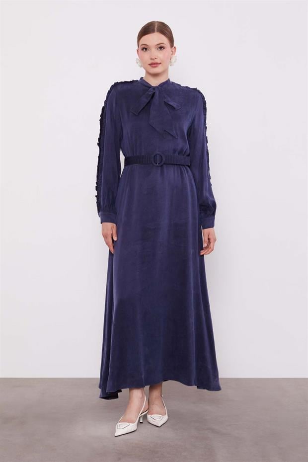 Lacivert Kol Güpürlü Cupra Elbise