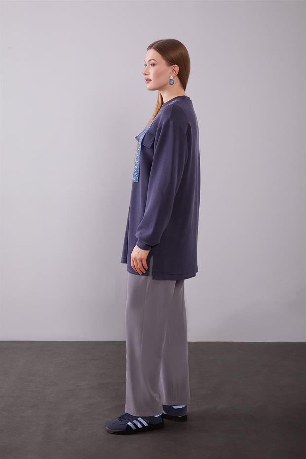 Lacivert Kot Şerit Detaylı Sweat