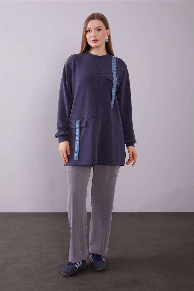 Lacivert Kot Şerit Detaylı Sweat