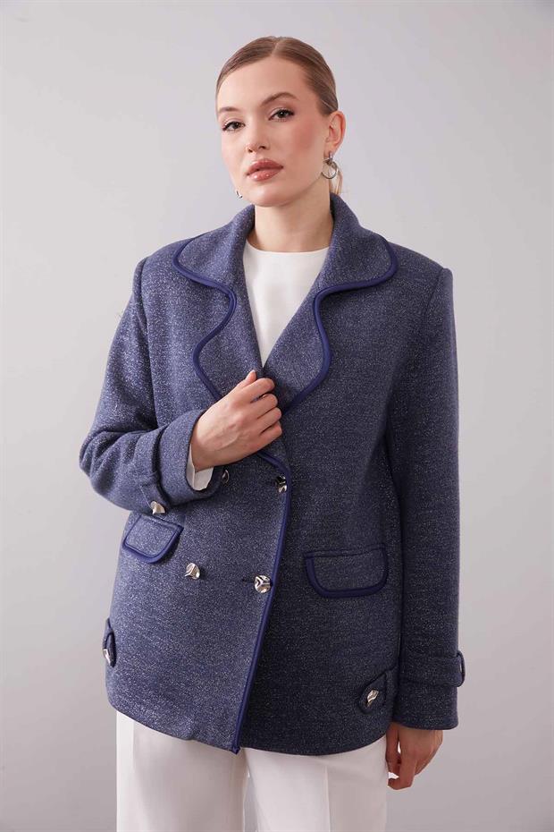 Lacivert Kruvaze Kenar Şeritli Kaşmir Ceket