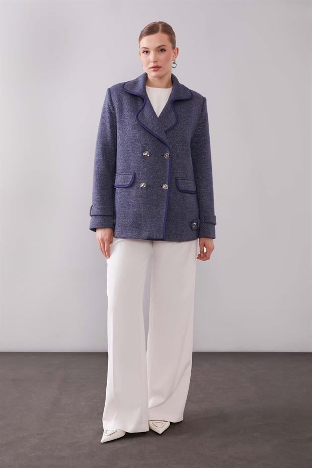 Lacivert Kruvaze Kenar Şeritli Kaşmir Ceket