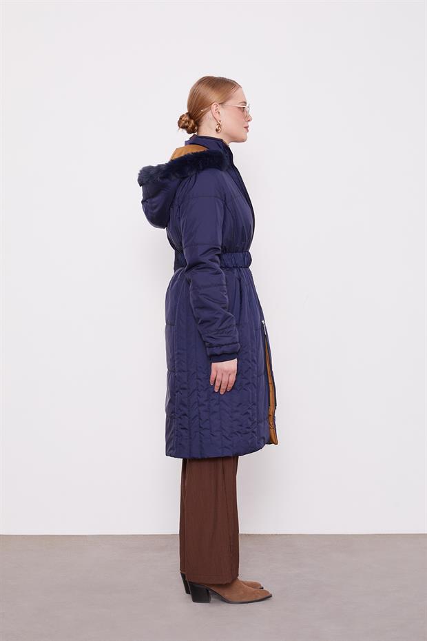 Lacivert Kürk Şapkalı Şişme Mont