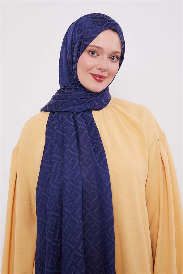 Lacivert L Desen İtalyan Jakar Şal