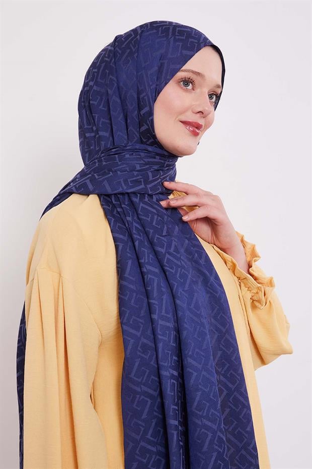 Lacivert L Desen İtalyan Jakar Şal