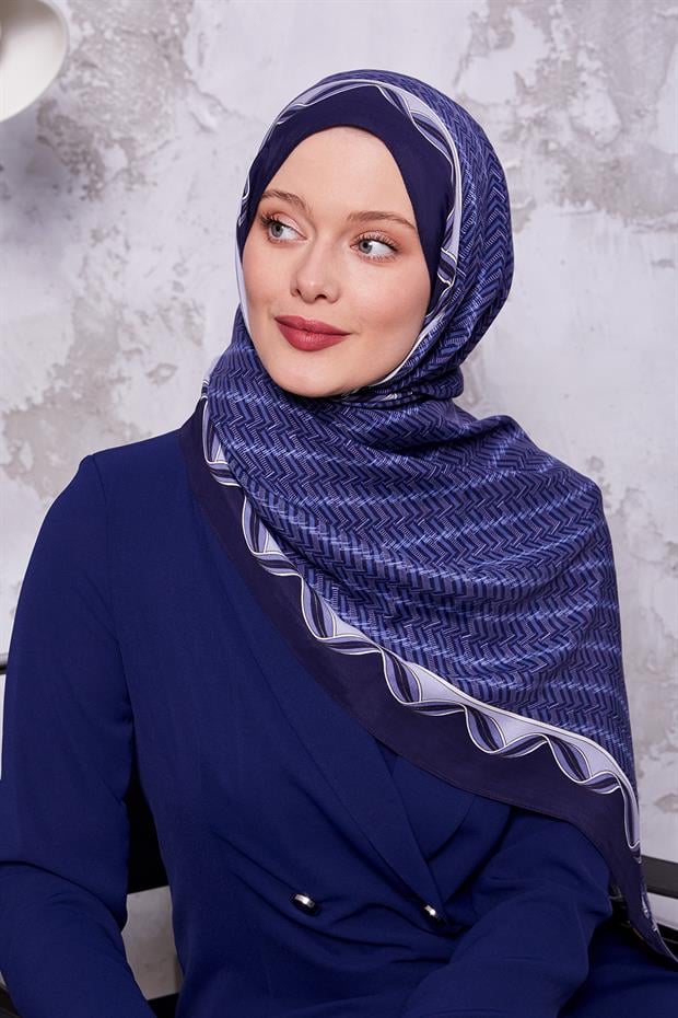Lacivert Labirent Desen Royal Şal