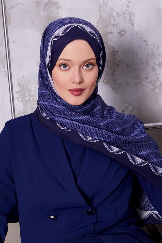 Lacivert Labirent Desen Royal Şal