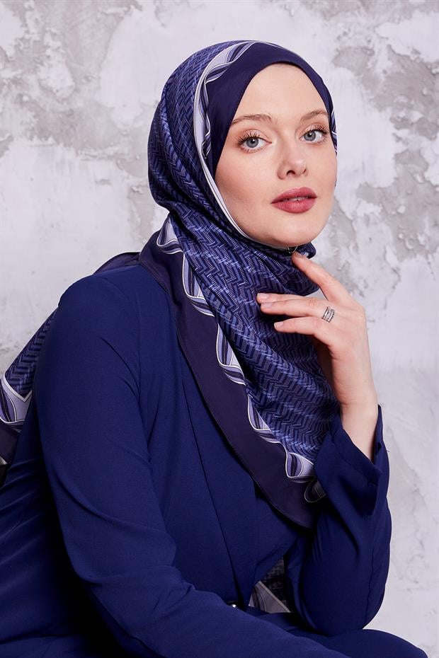 Lacivert Labirent Desen Royal Şal