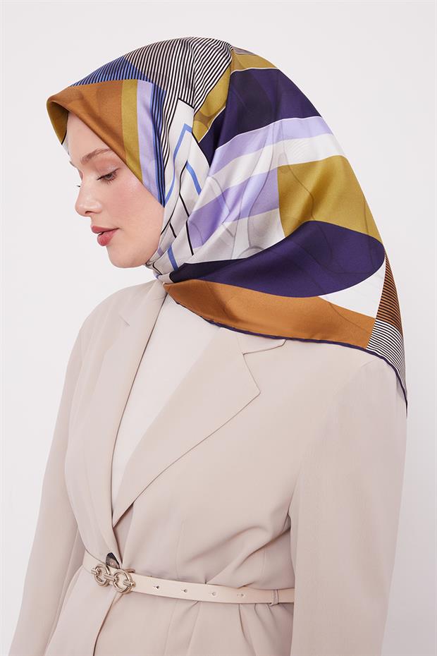 Lacivert Labirent Desen Twill İpek Eşarp