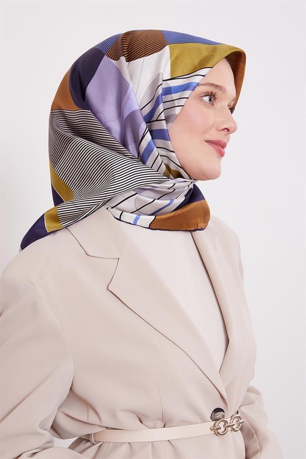 Lacivert Labirent Desen Twill İpek Eşarp