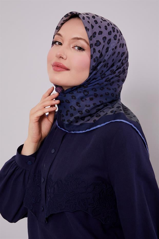 Lacivert Leopar Desen Soft Eşarp