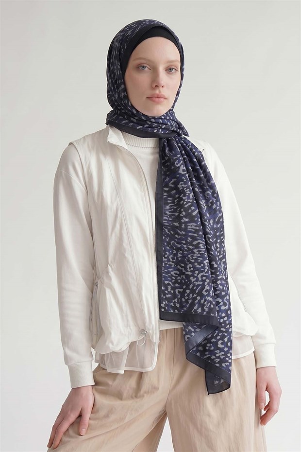 Lacivert Leopar Dokulu Sport Şal