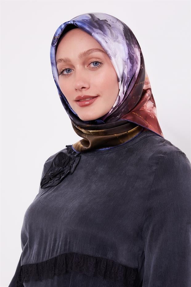 Lacivert Menekşe Desen Sura İpek Eşarp