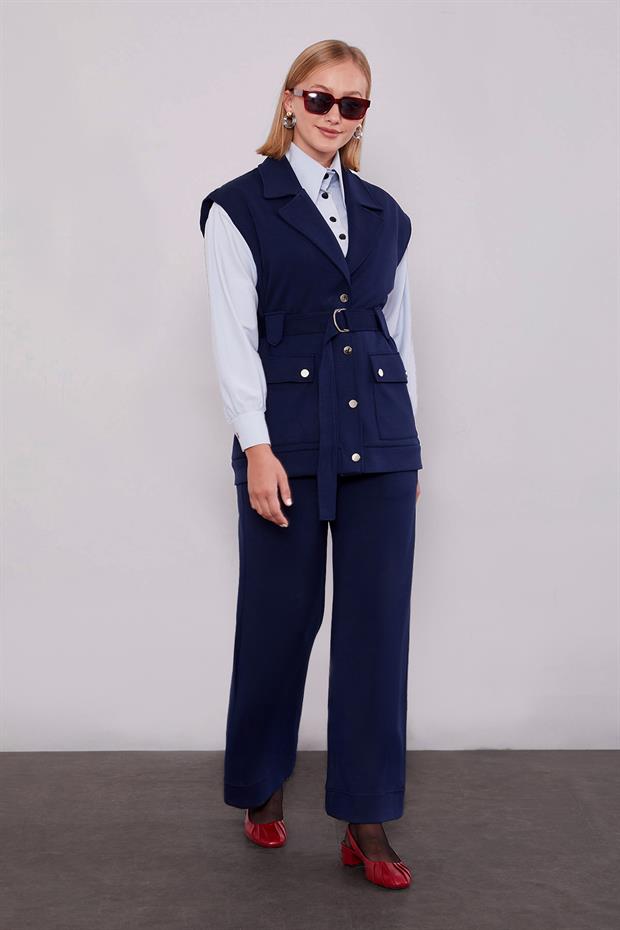 Lacivert Metal Kuşak Detaylı İkili Takım