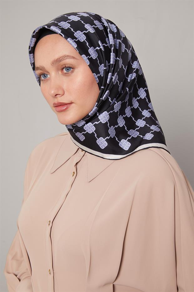 Lacivert Mini Yonca Desen Twill İpek Eşarp