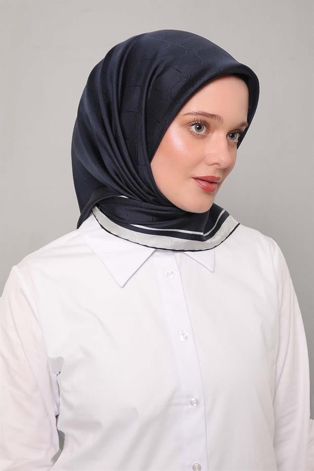 Lacivert Monogram Twill İpek Eşarp