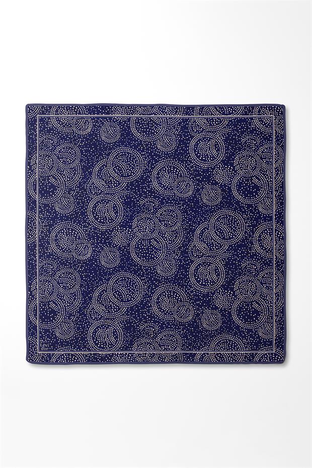 Lacivert Noktalı Daireler Bask. Twill İpek Eşarp