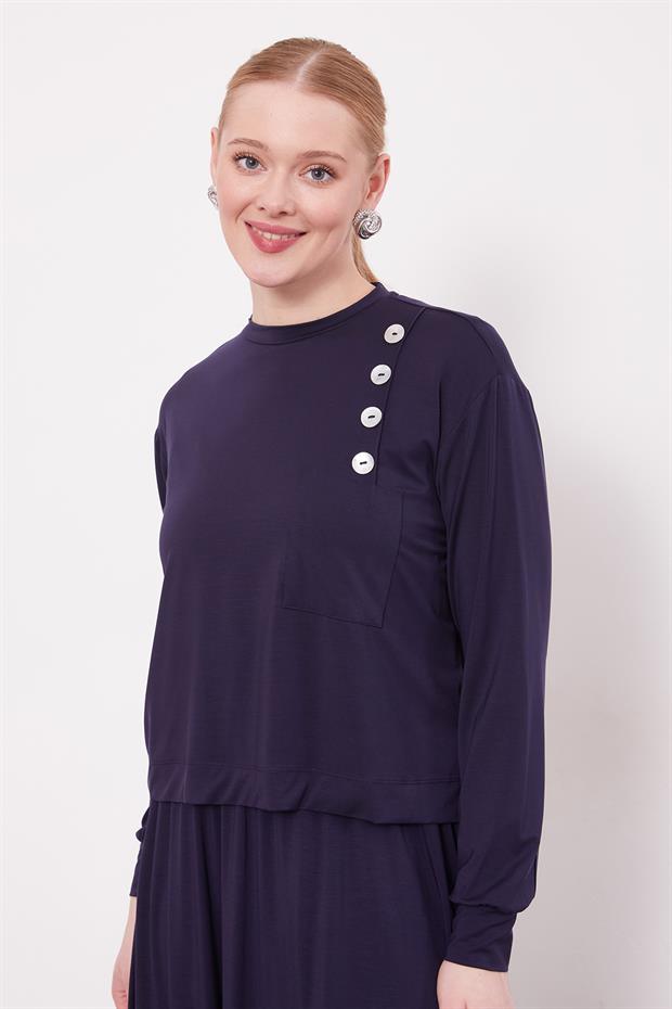 Lacivert Omuz Düğme Detaylı Etek Takım