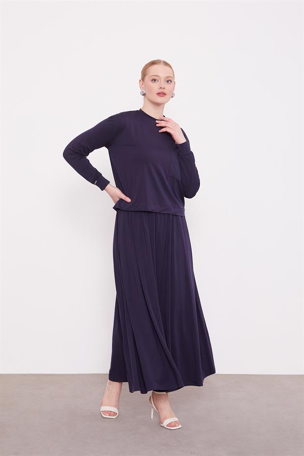 Lacivert Omuz Düğme Detaylı Etek Takım