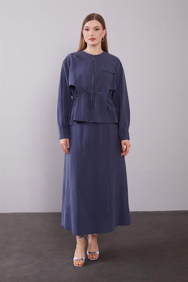 Lacivert Omuz Fermuar Detaylı Etek Takım