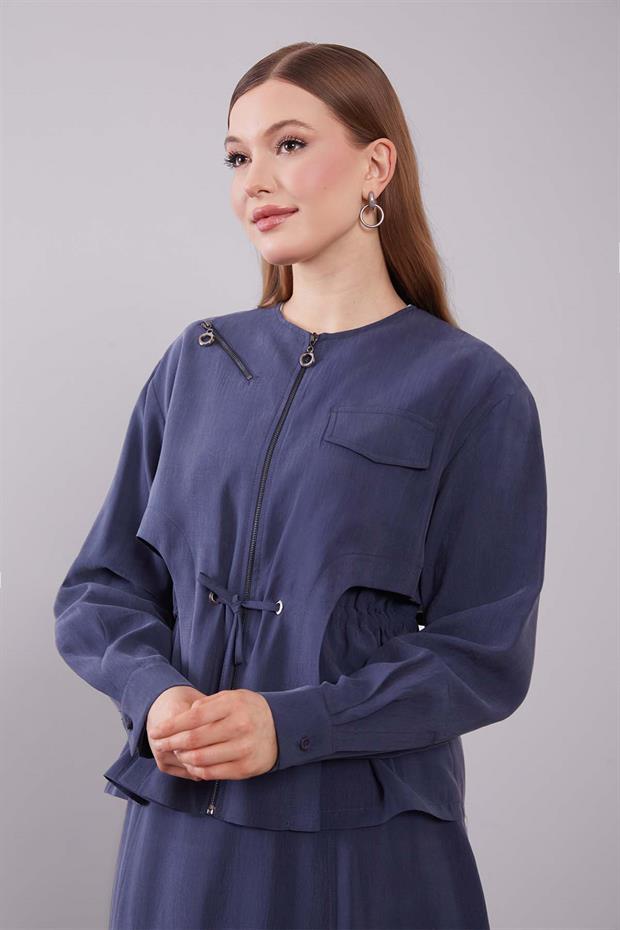 Lacivert Omuz Fermuar Detaylı Etek Takım