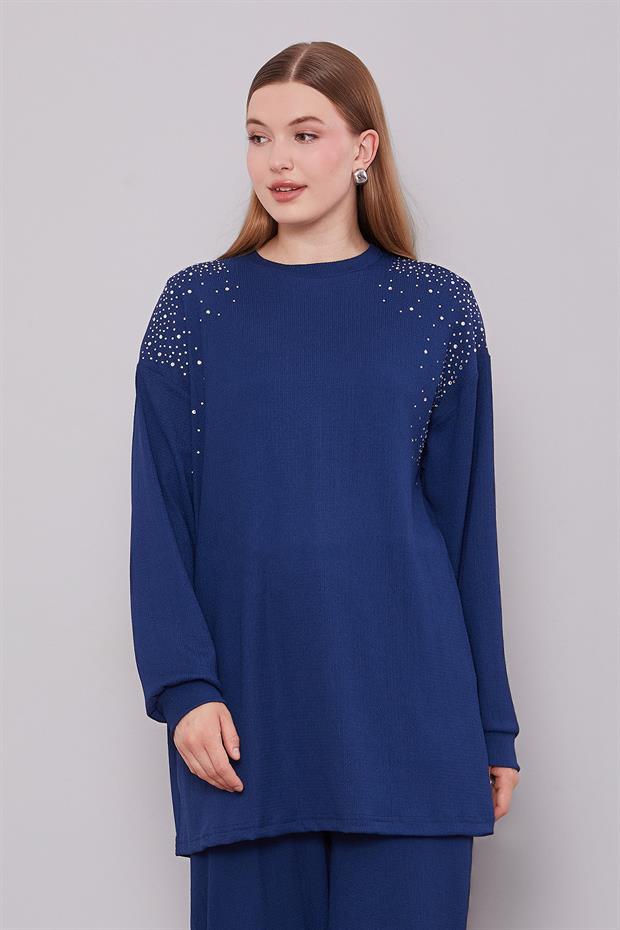 Lacivert Omzu Taş İşlemeli İkili Takım