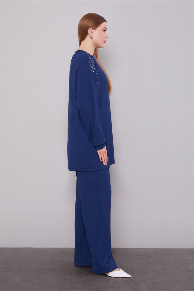 Lacivert Omzu Taş İşlemeli İkili Takım