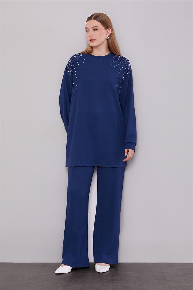 Lacivert Omzu Taş İşlemeli İkili Takım