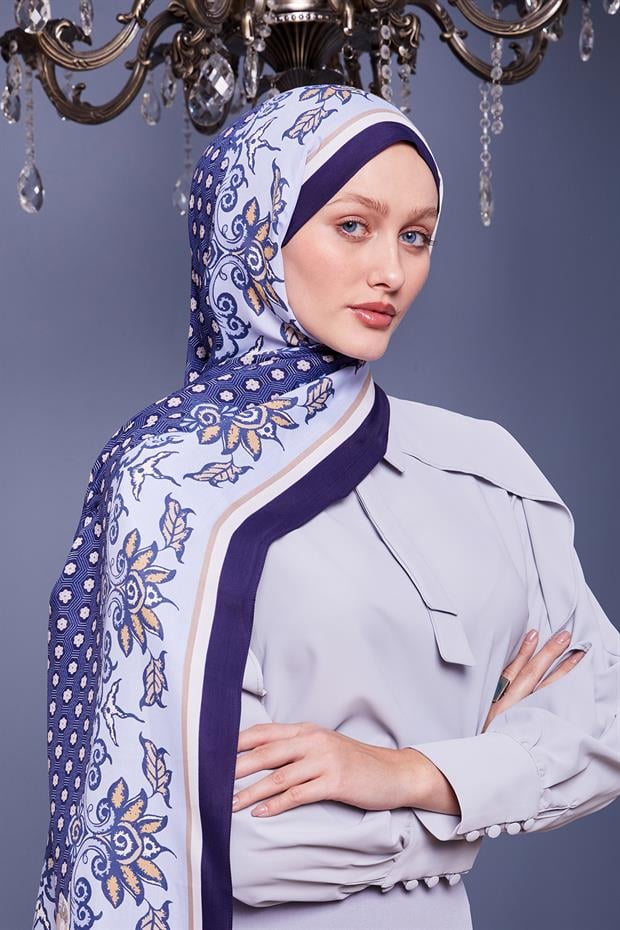 Lacivert Papatya Desen Royal Şal