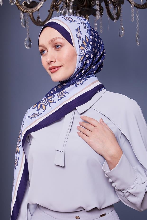 Lacivert Papatya Desen Royal Şal