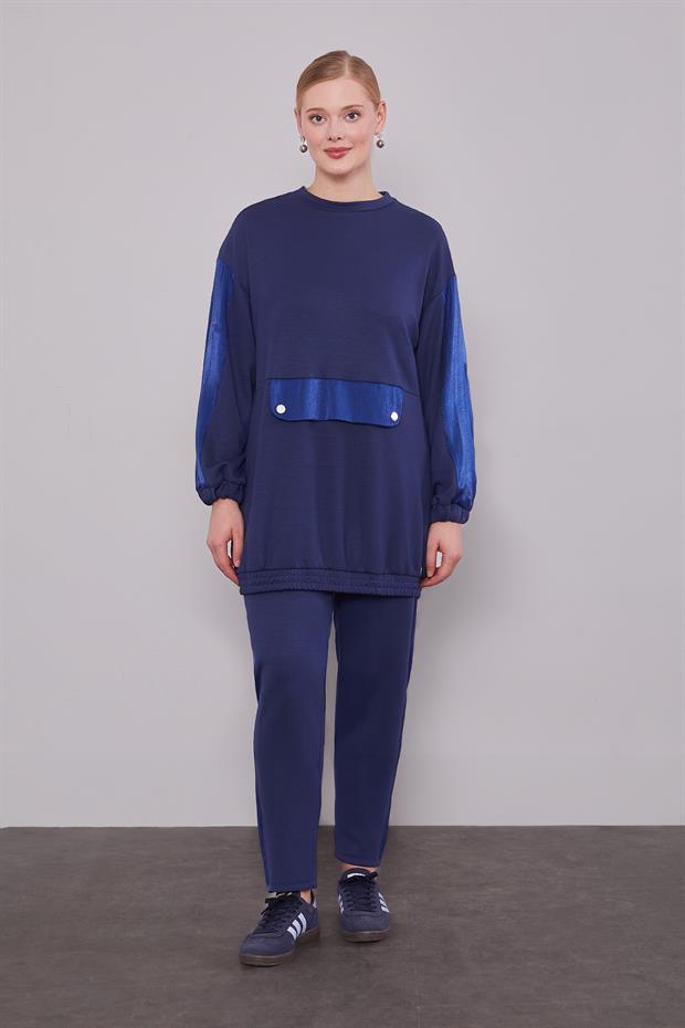 Lacivert Parıltılı Şerit Detay İkili Takım