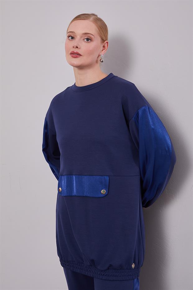 Lacivert Parıltılı Şerit Detay İkili Takım