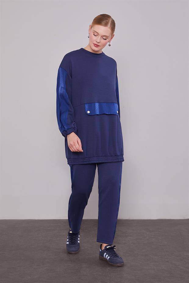 Lacivert Parıltılı Şerit Detay İkili Takım