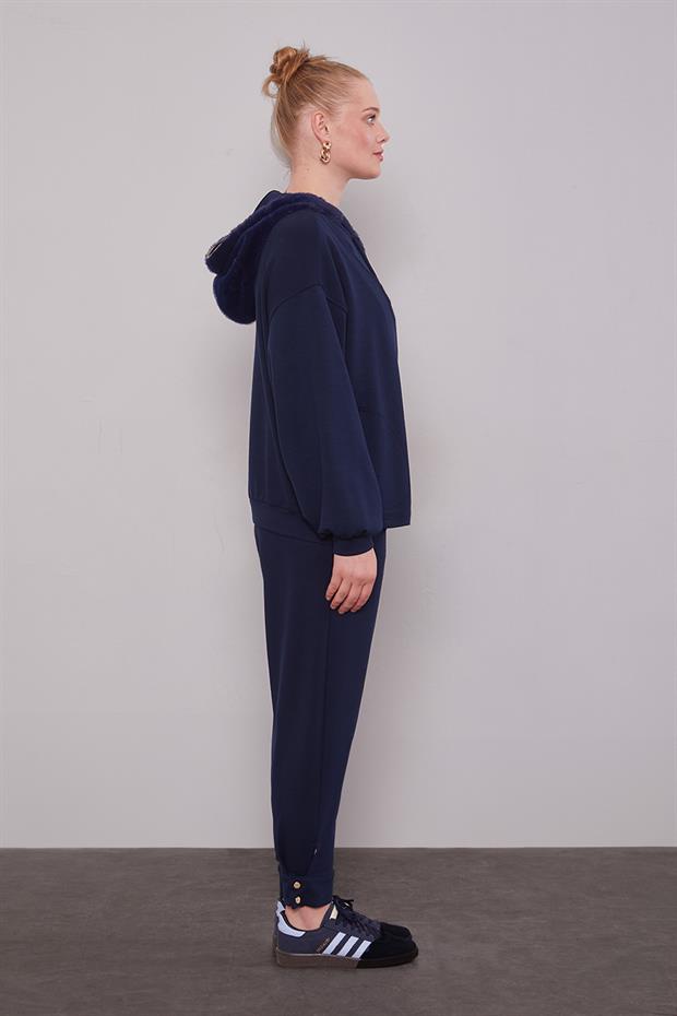 Lacivert Peluş Şapkalı İkili Takım