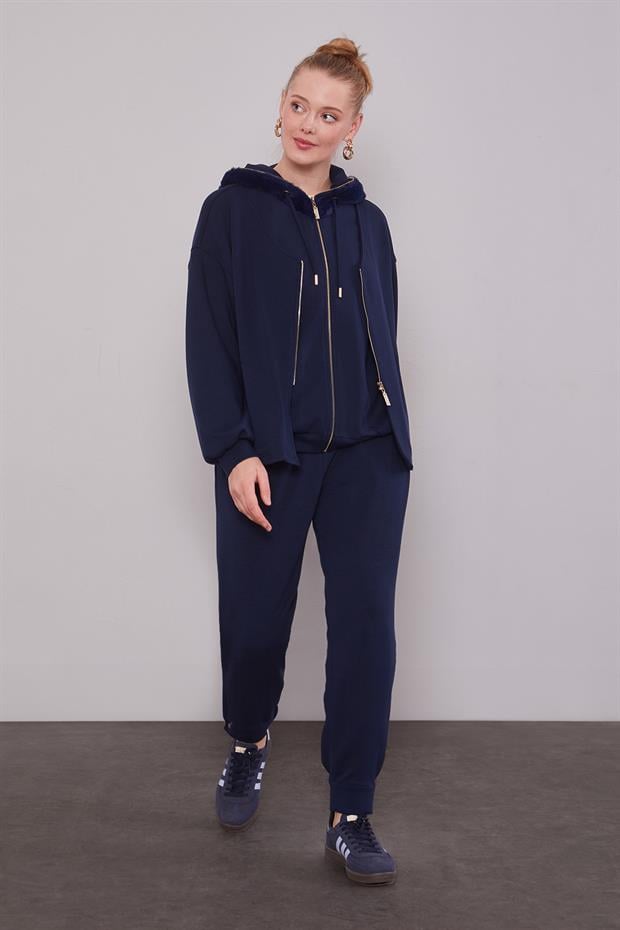 Lacivert Peluş Şapkalı İkili Takım