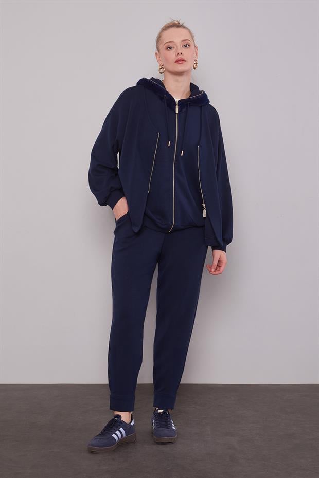 Lacivert Peluş Şapkalı İkili Takım