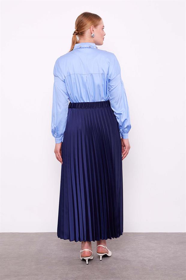 Lacivert Piliseli Saten Etek