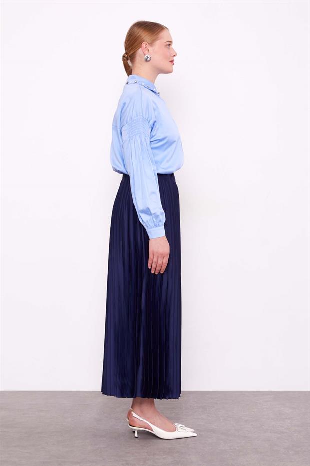 Lacivert Piliseli Saten Etek