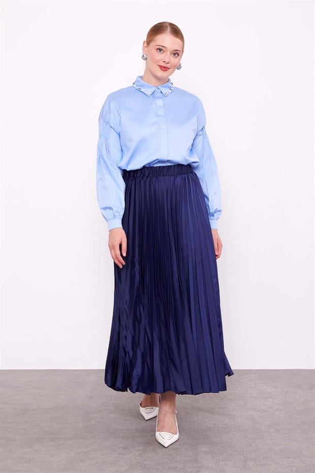 Lacivert Piliseli Saten Etek