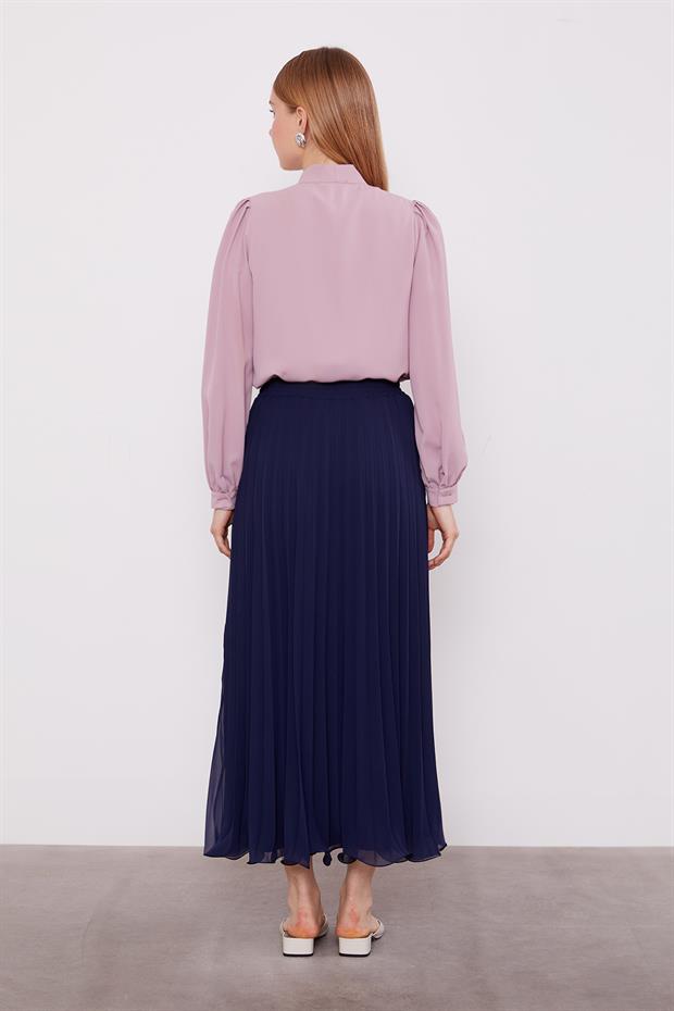 Lacivert Piliseli Şifon Etek