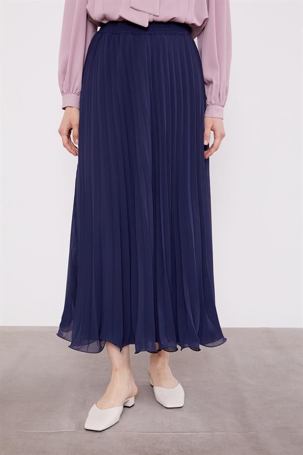 Lacivert Piliseli Şifon Etek