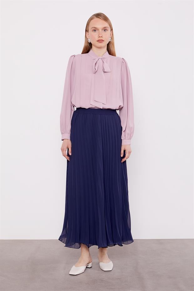 Lacivert Piliseli Şifon Etek