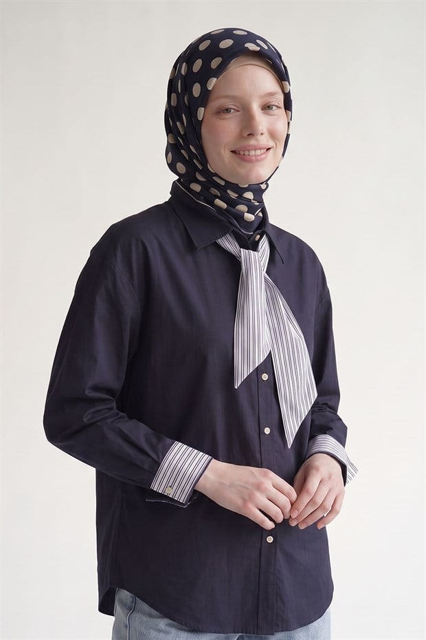 Lacivert Puantiyeli Twill İpek Eşarp