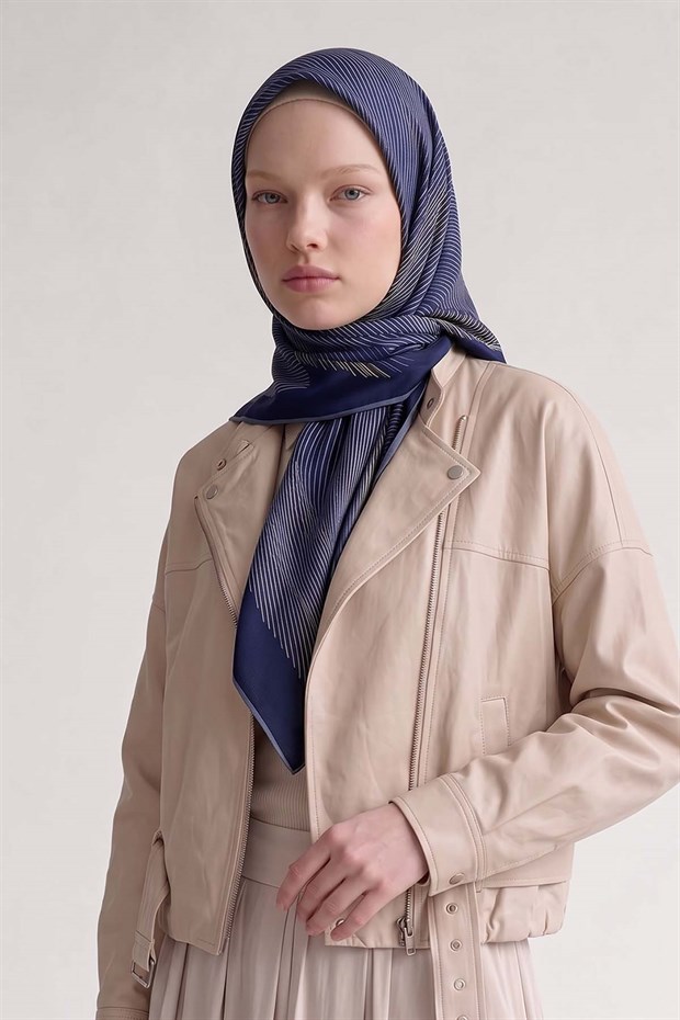 Lacivert Sarmal Çizgili Twill İpek Eşarp