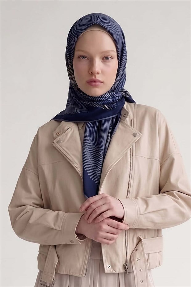 Lacivert Sarmal Çizgili Twill İpek Eşarp