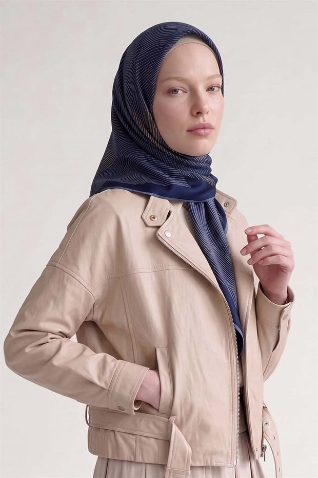 Lacivert Sarmal Çizgili Twill İpek Eşarp