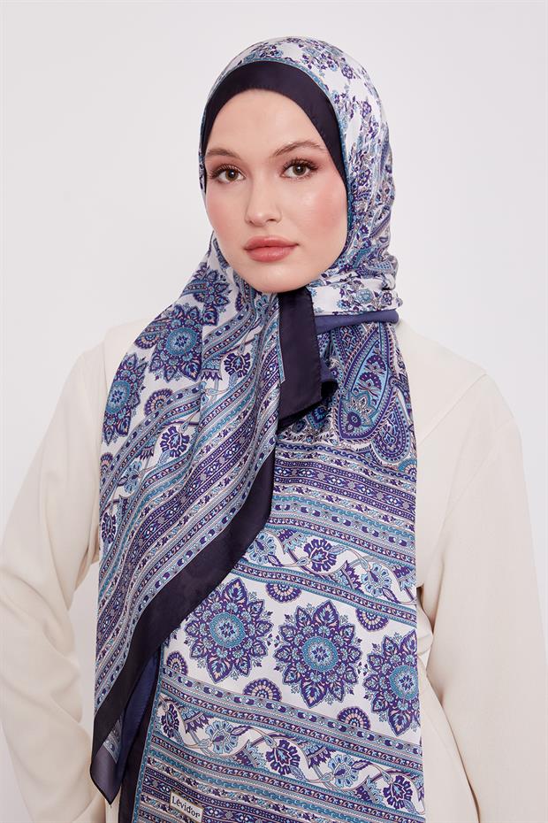 Lacivert Sarmal Desen Hint İpeği Şal