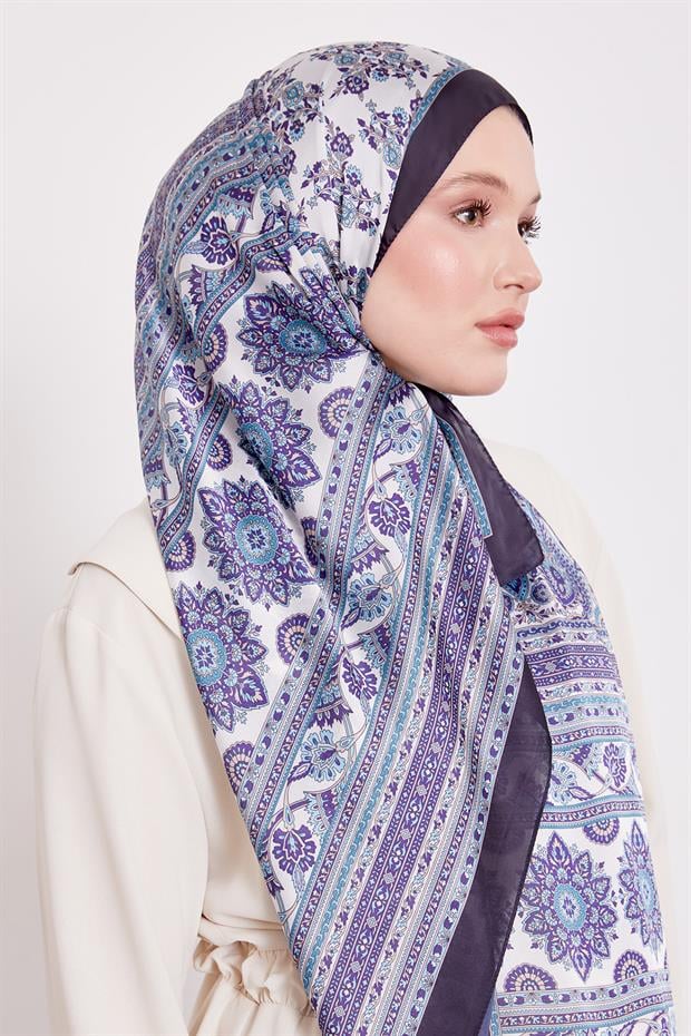 Lacivert Sarmal Desen Hint İpeği Şal